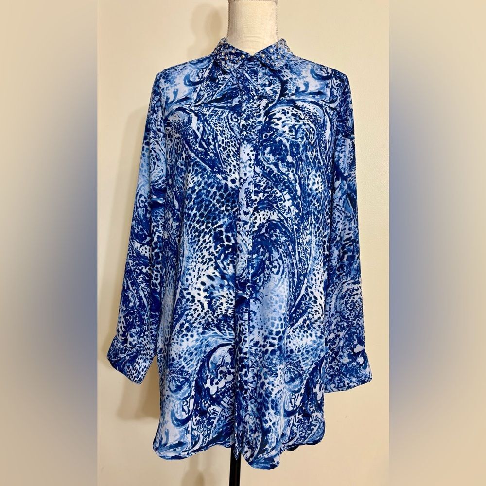 Chico's Dynamic Mix Misti Top Tunic Woven Kyanite Blue with Rhinestones SZ 1/M